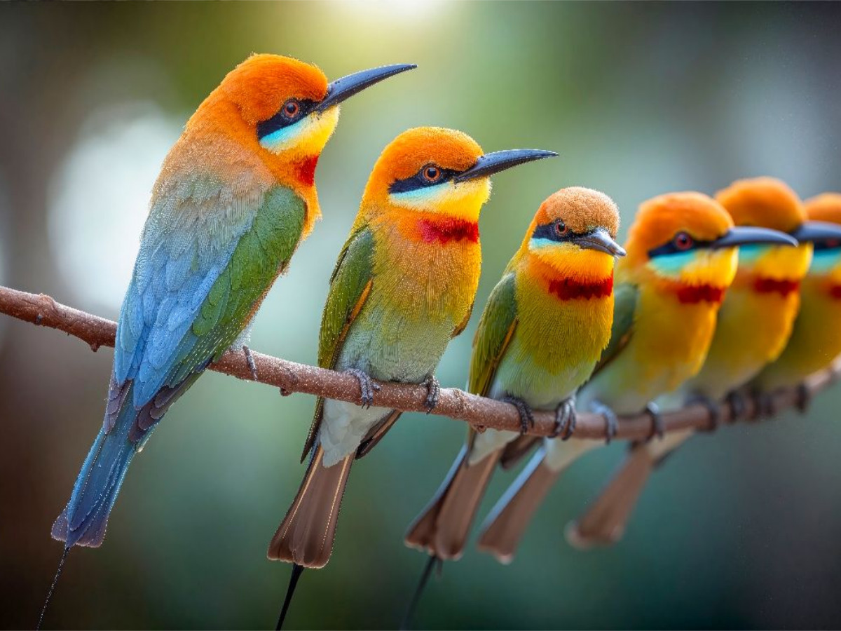 Mutter und Jungvögel vereint auf dem Ast
