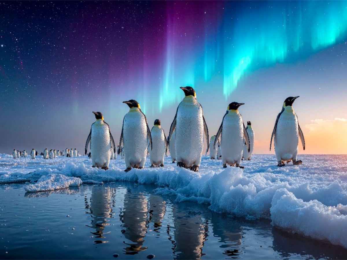 Pinguin Wanderung im Schein des Polarlichts