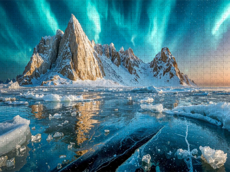 Polarlichter krönen den Horizont über den Eisbergen