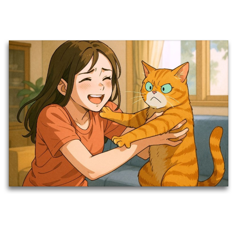 Frau umarmt Katze, die das nicht will