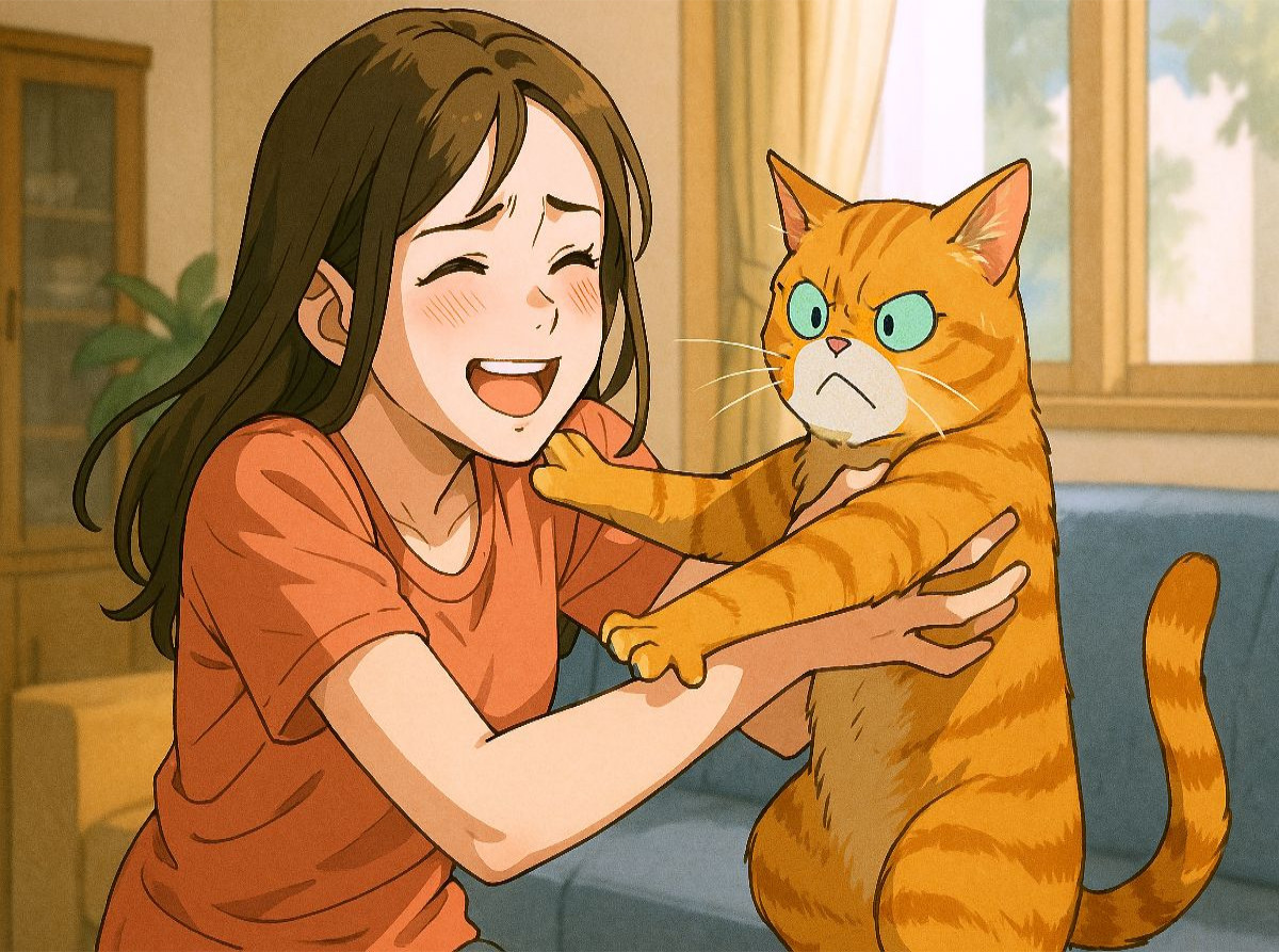 Frau umarmt Katze, die das nicht will