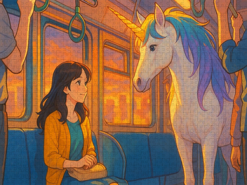Frau begegnet im Zug einem Einhorn