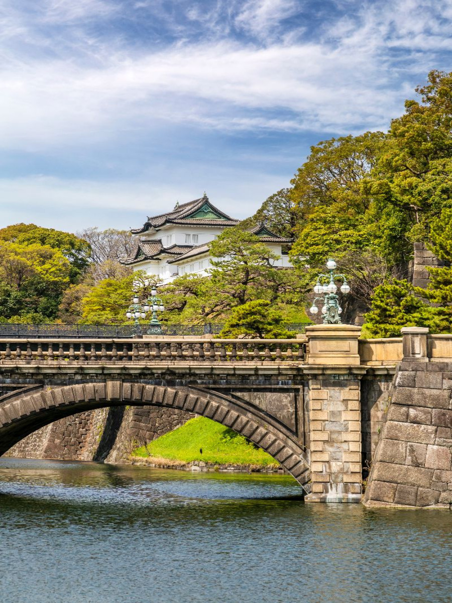 Idyllische Seimon Ishibashi und Nijubashi mit Wachturm vom Kaiserpalast
