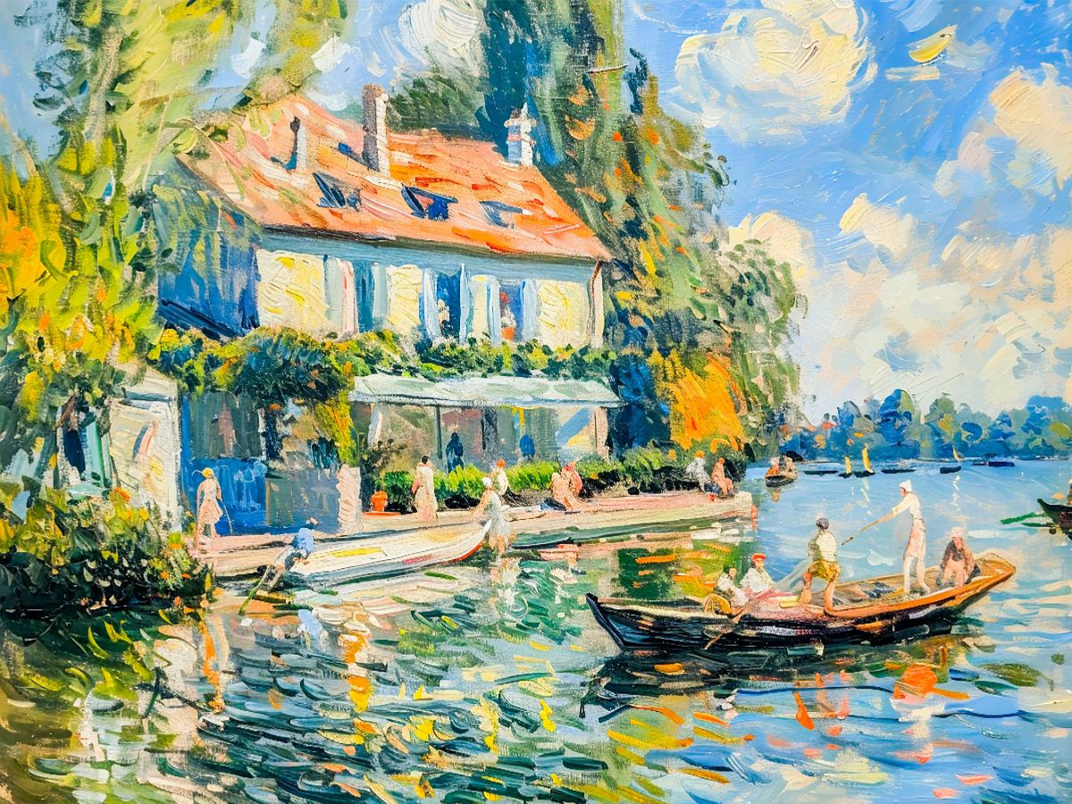 Impressionistische Villa mit Boot auf dem See
