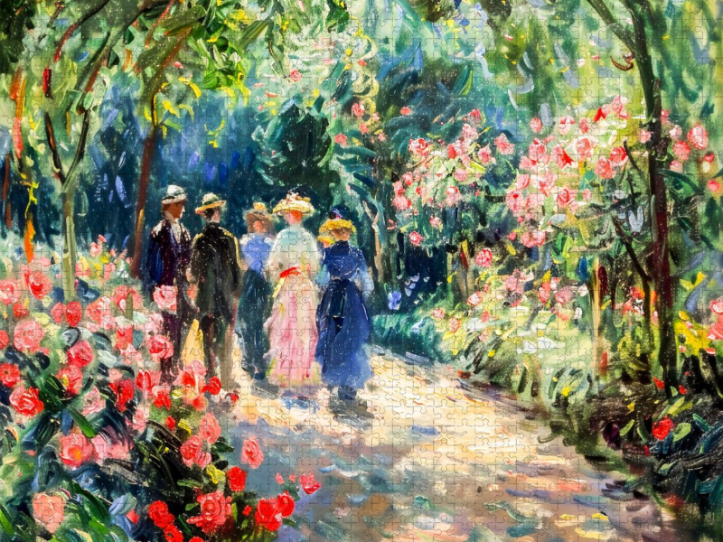 Impressionistische Spaziergänger im blühenden Rosengarten