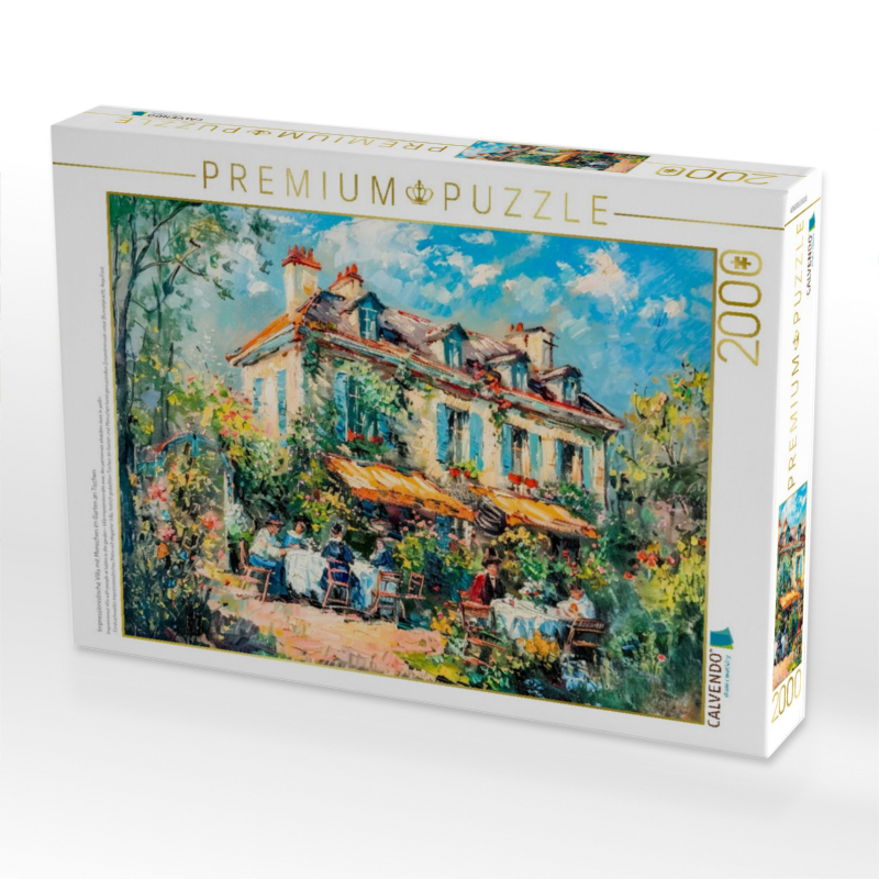 Impressionistische Villa mit Menschen im Garten an Tischen
