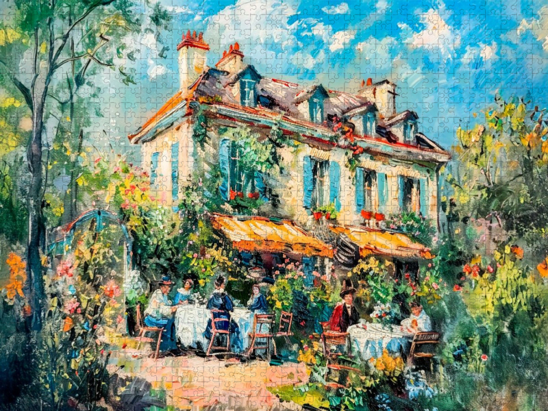 Impressionistische Villa mit Menschen im Garten an Tischen