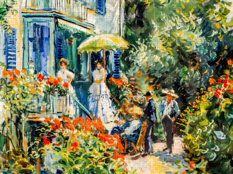 Impressionistische Villa mit Menschen auf der Treppe im Garten