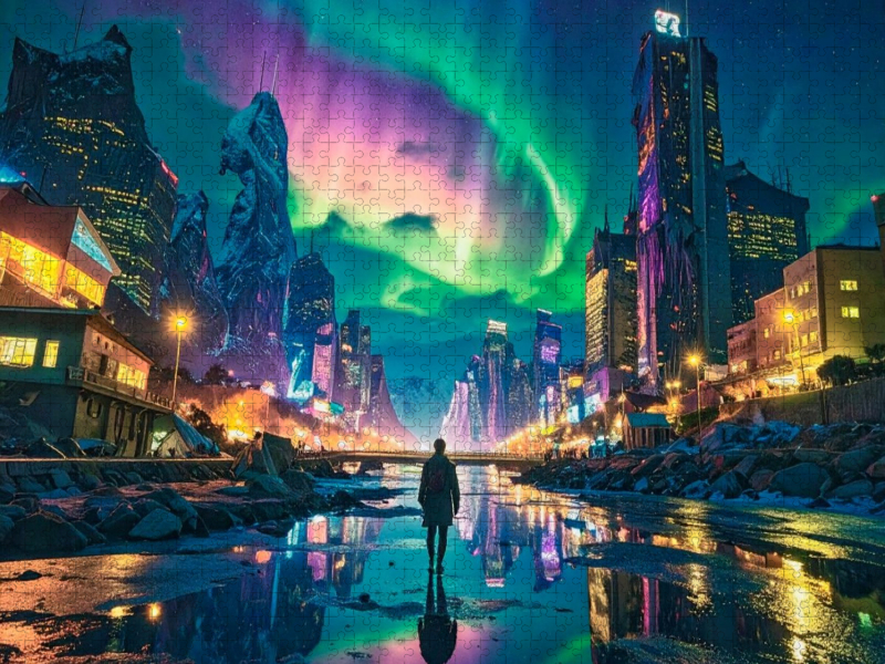 Polarlichter und Straßenbeleuchtung