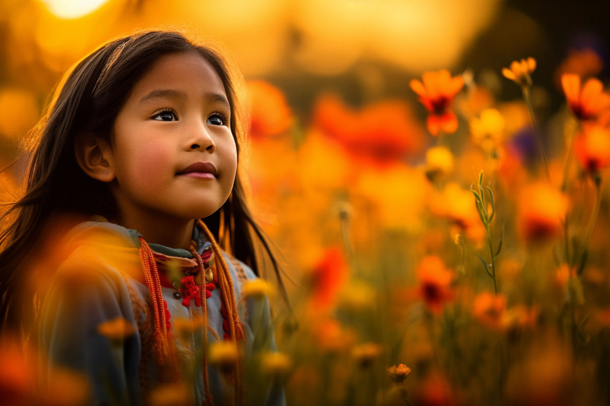 Lebensfreude in Blüte: Indianisches Kind im Blumenmeer