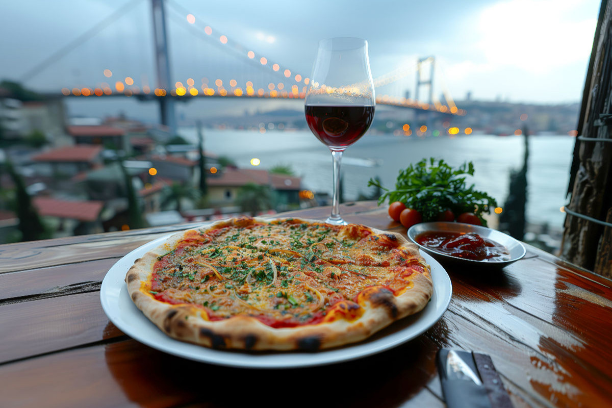 Lahmacun vor der Kulisse der Bosporus-Brücke in Istanbul