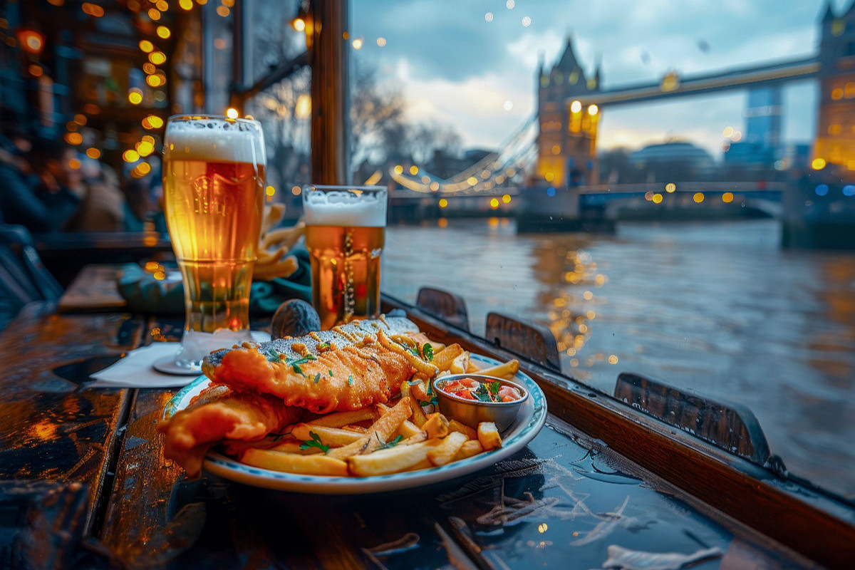 Fish and Chips vor der Kulisse der Tower Bridge in London