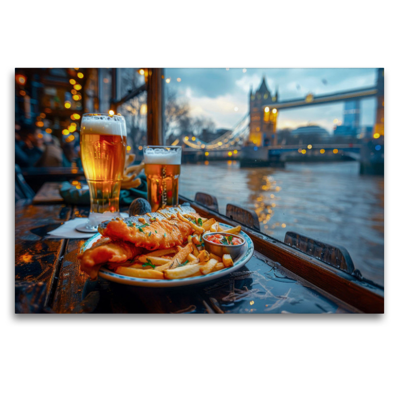 Fish and Chips vor der Kulisse der Tower Bridge in London