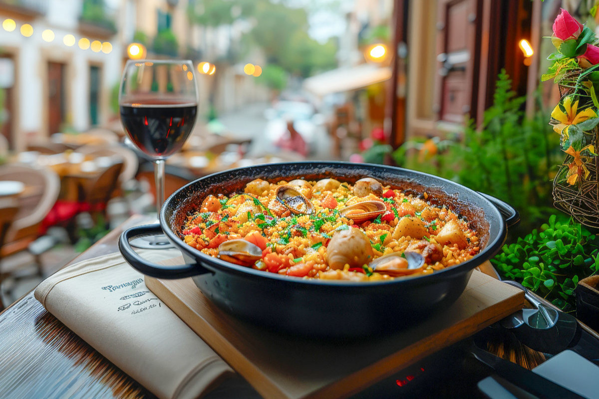 Paella vor der Kulisse der Altstadt von Barcelona