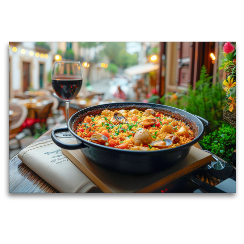 Paella vor der Kulisse der Altstadt von Barcelona