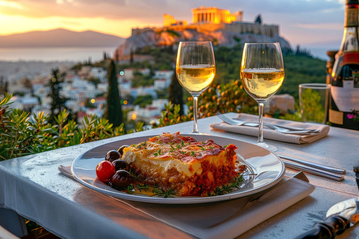 Moussaka vor der Kulisse des Parthenon in Athen