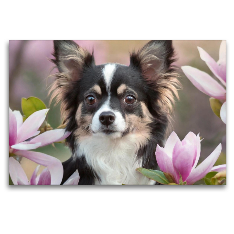 Portrait eines schwarz-weißen Chihuahua der durch Magnolien schaut