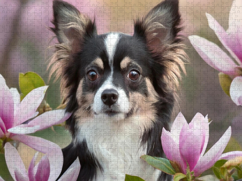 Portrait eines schwarz-weißen Chihuahua der durch Magnolien schaut