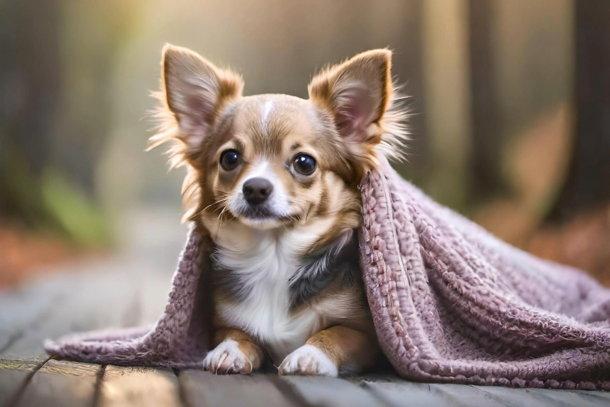 Ein hellbraun-weißer Chihuahua liegt auf einem Holzweg unter einer rosafarbenen Decke