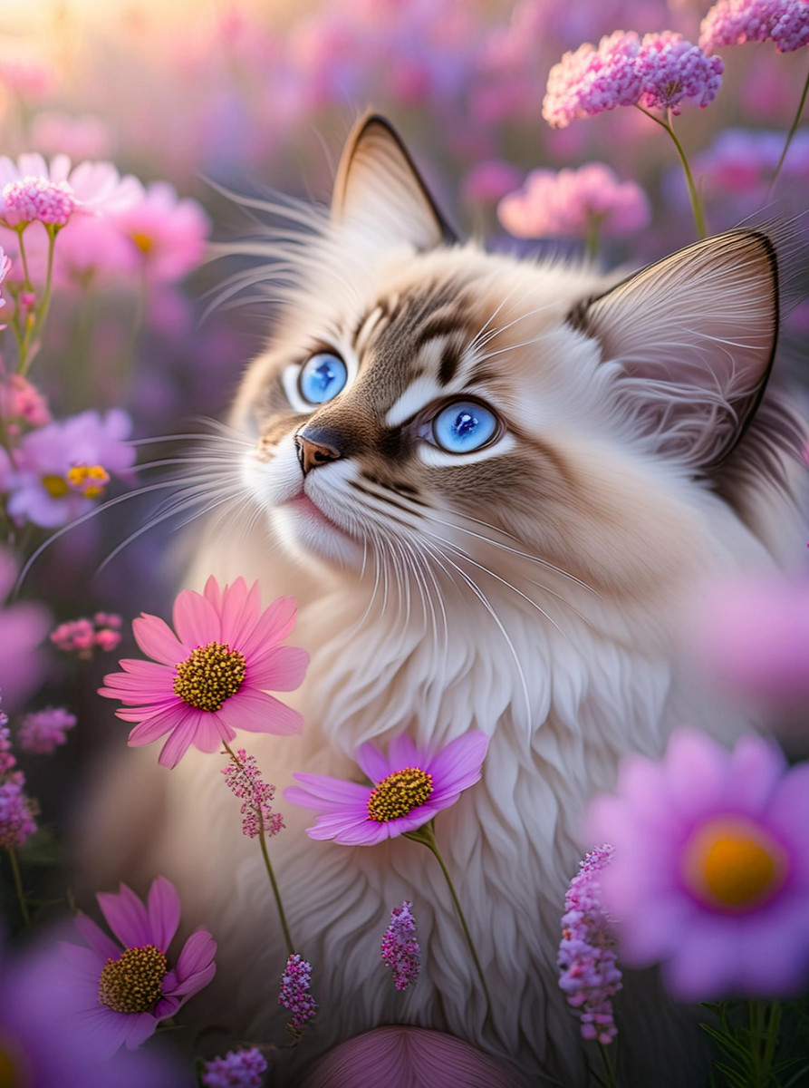 Ragdoll schaut zwischen vielen zarten rosa Blüten hindurch