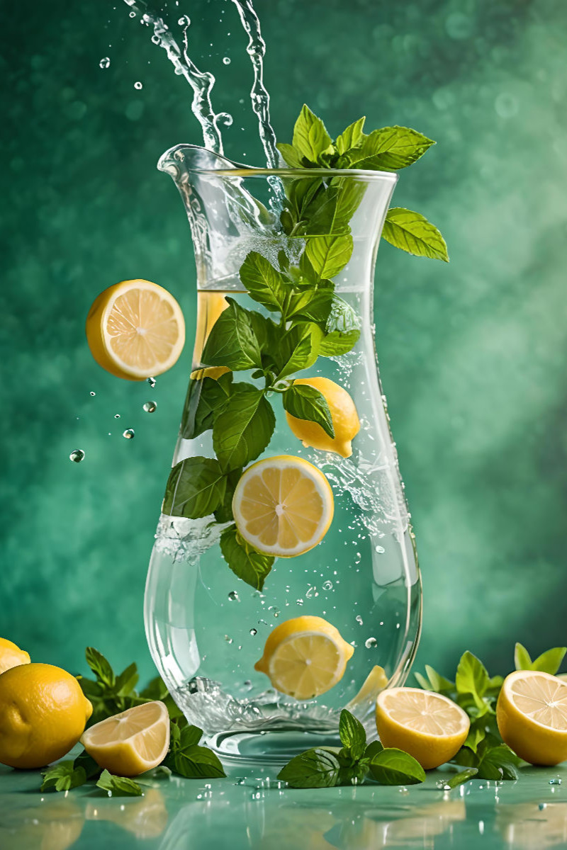 Infused water Kreation mit Zitronen und Minzblättern