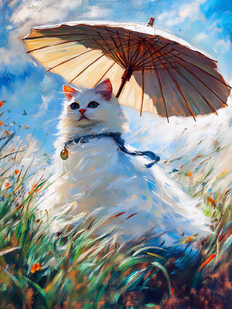 Katze auf Wiese mit Sonnenschirm im impressionistischen Stil