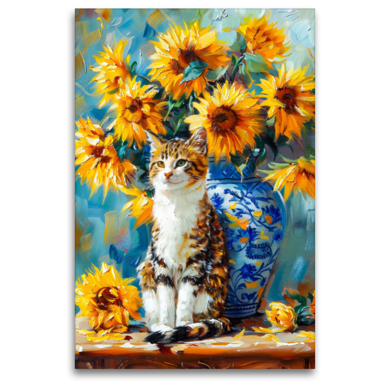 Katze im Stillleben mit Sonnenblumen in Blumenvase im impressionistischen Stil