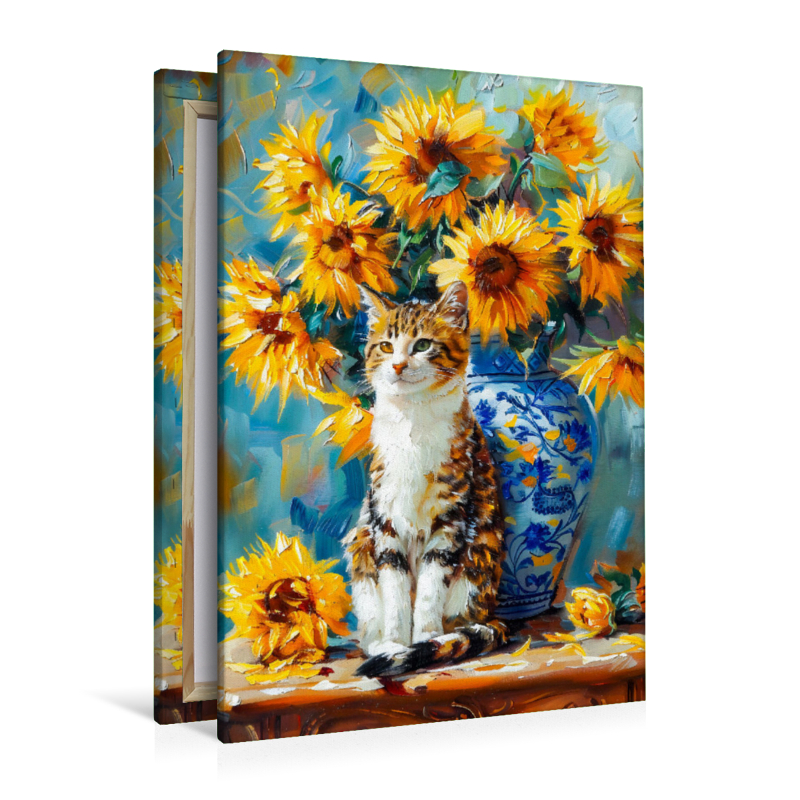 Katze im Stillleben mit Sonnenblumen in Blumenvase im impressionistischen Stil