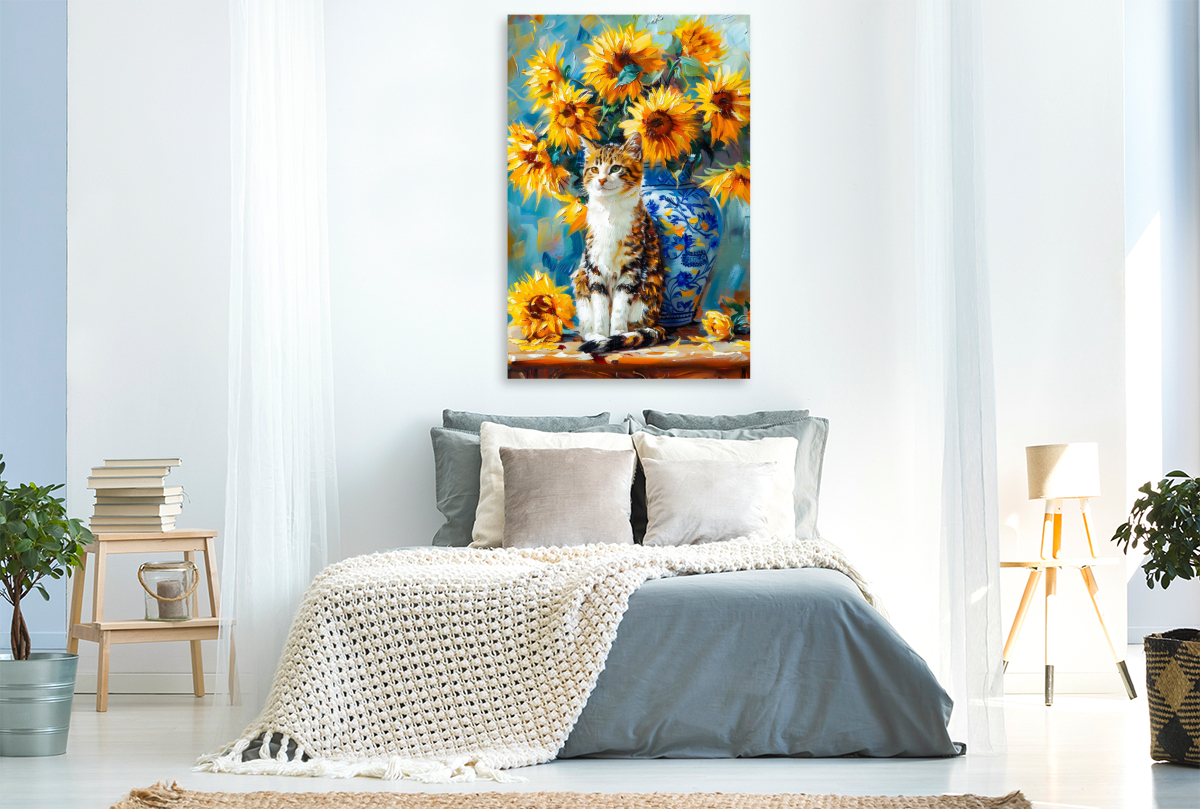 Katze im Stillleben mit Sonnenblumen in Blumenvase im impressionistischen Stil