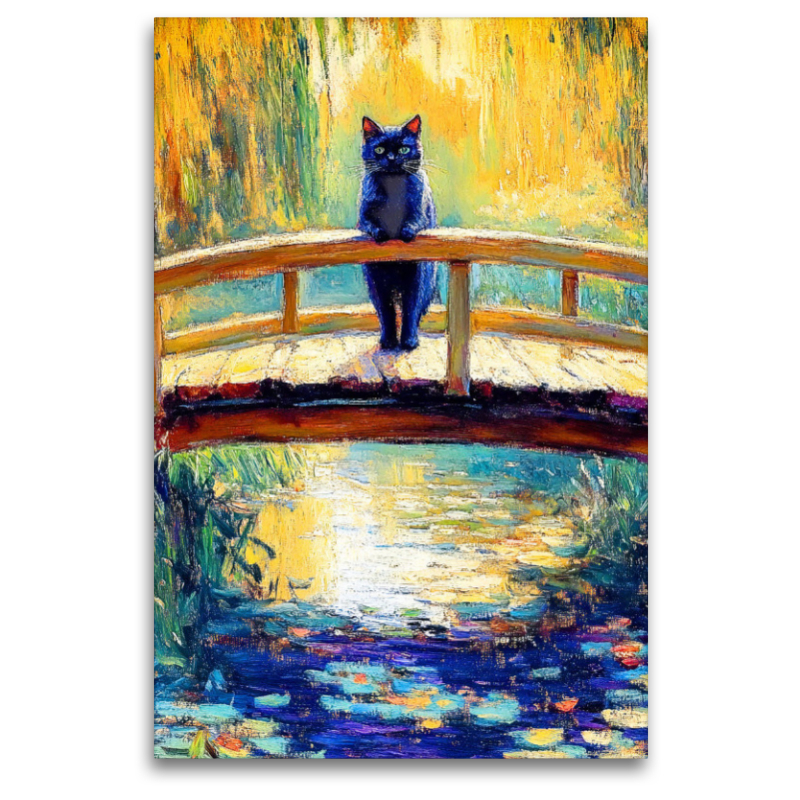 Schwarze Katze auf Brücke im impressionistischen Garten