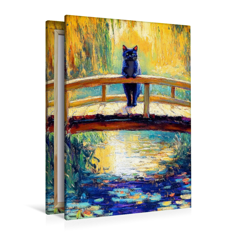 Schwarze Katze auf Brücke im impressionistischen Garten