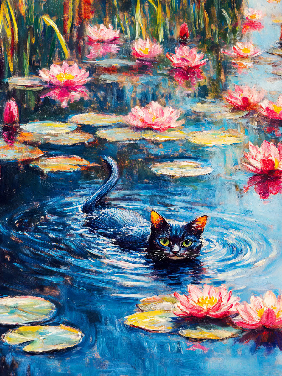 Katze schwimmt im Seerosenteich des impressionistischen Gartens