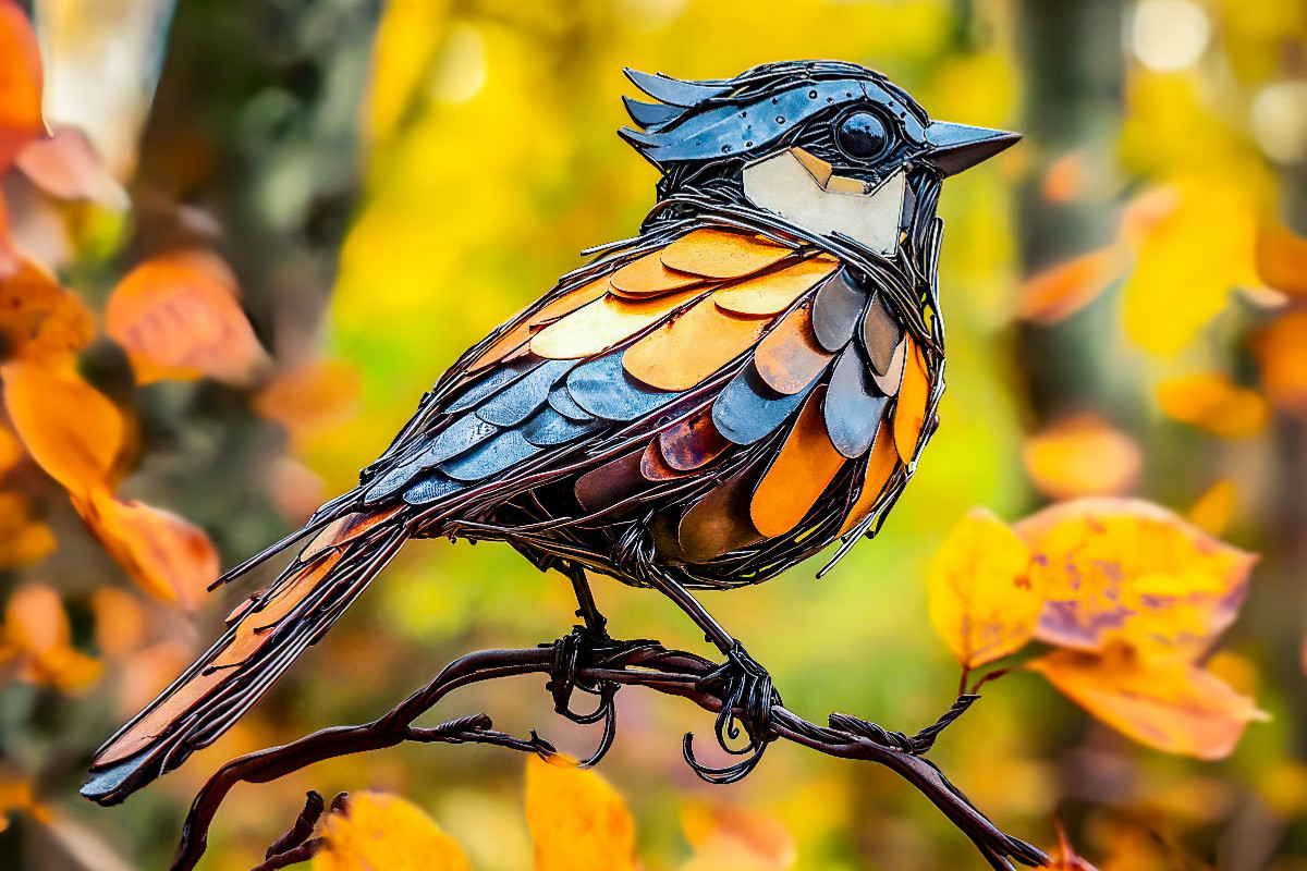 Metall-Blaumeise auf Ast: Handgefertigte Upcycling-Deko für Ihren Garten