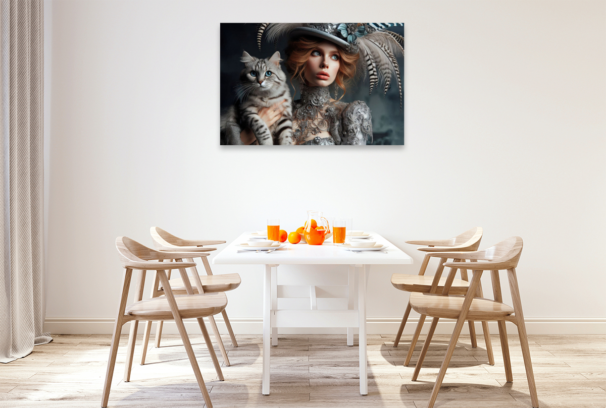 Elegante Frau in silber Boho Style mit einer grau schwarzen Katze