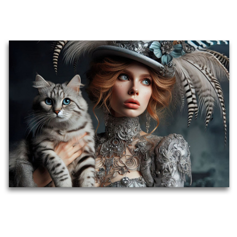 Elegante Frau in silber Boho Style mit einer grau schwarzen Katze