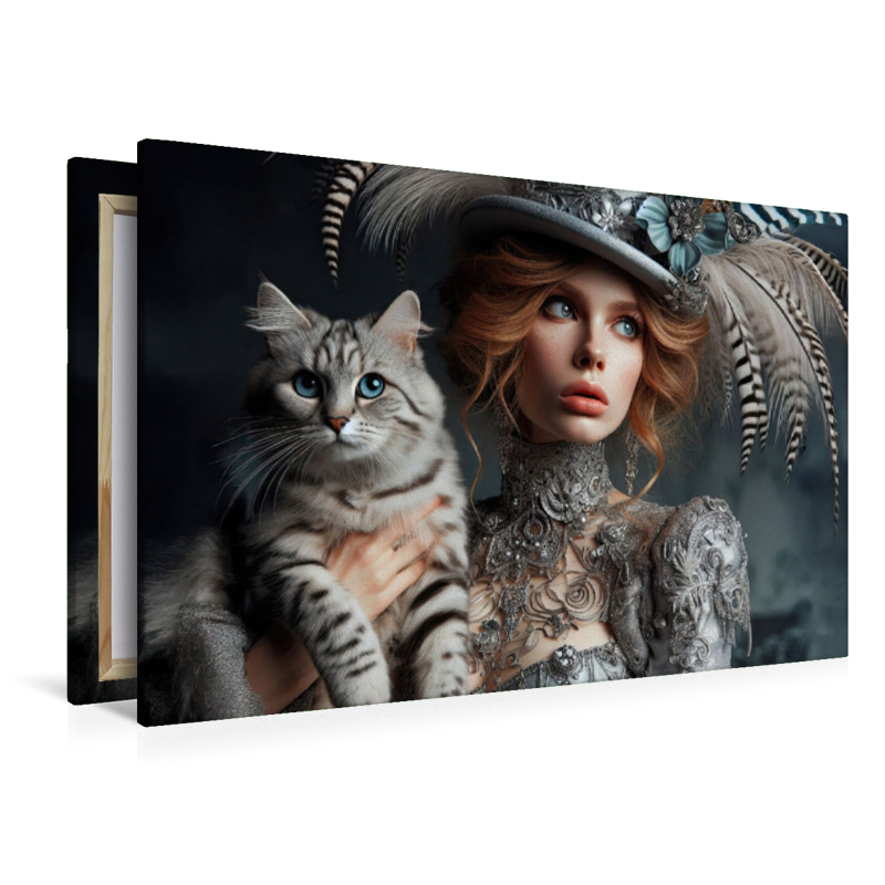 Elegante Frau in silber Boho Style mit einer grau schwarzen Katze