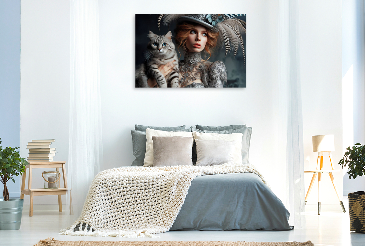 Elegante Frau in silber Boho Style mit einer grau schwarzen Katze