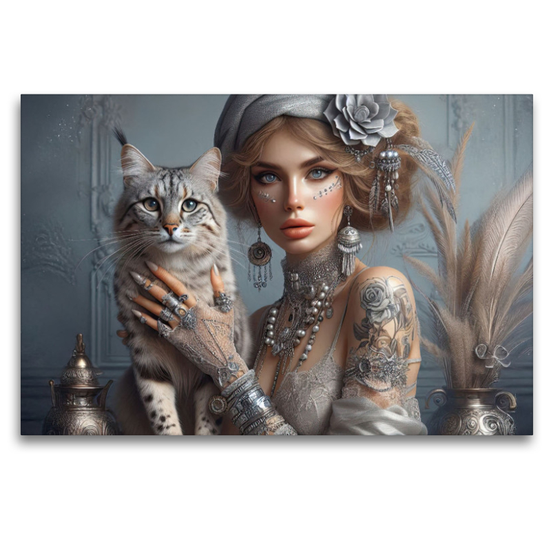 Ein Motiv aus dem Kalender Luxuriöser Bohemian Flair - Elegante Frauen mit anmutigen Katzen