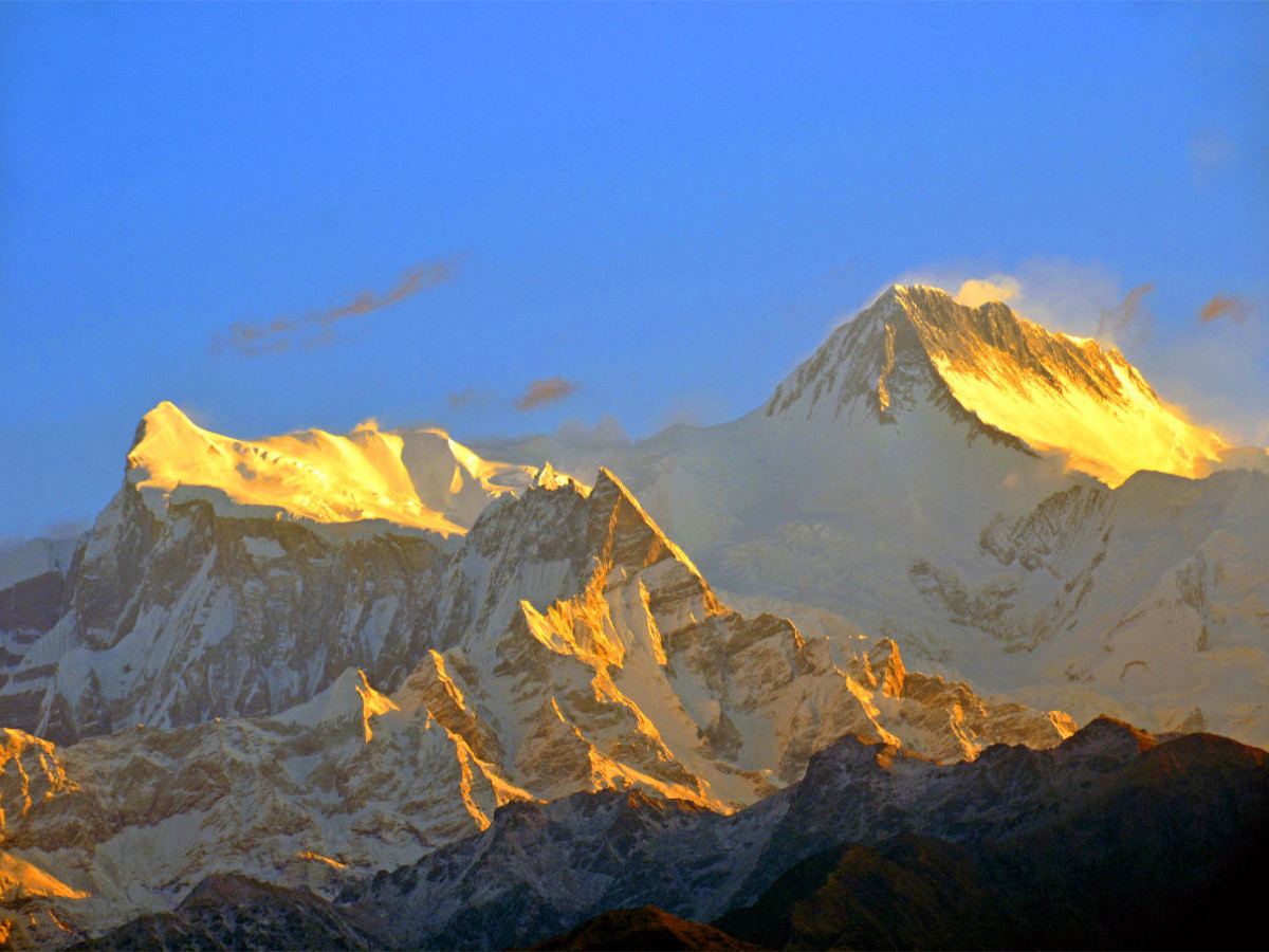 Von links Annapurna IV (7525 m) und Annapurna II (7939 m) am frühen Morgen vom Aussichtspunkt Sarangkot