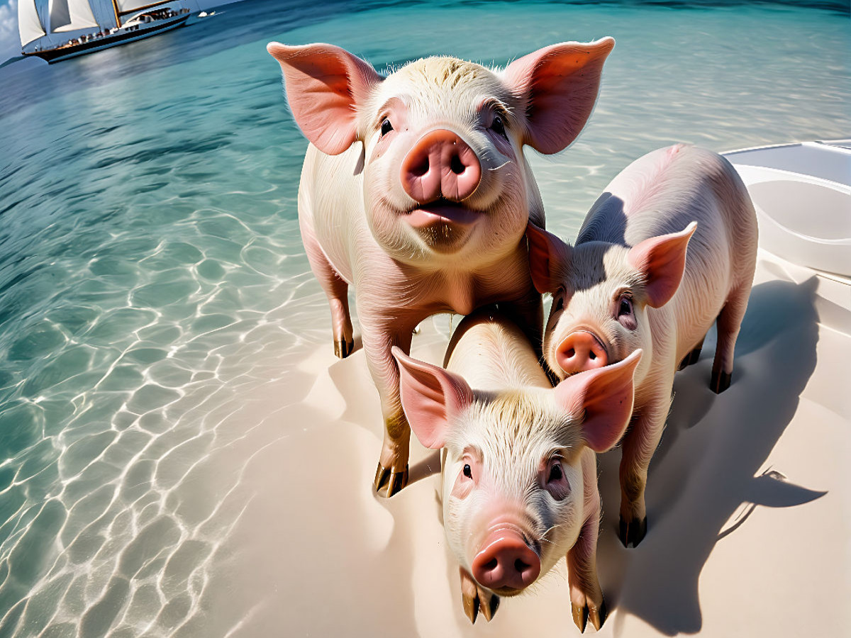 Niedliche Ferkel im schneeweißen Sand von Pig Beach