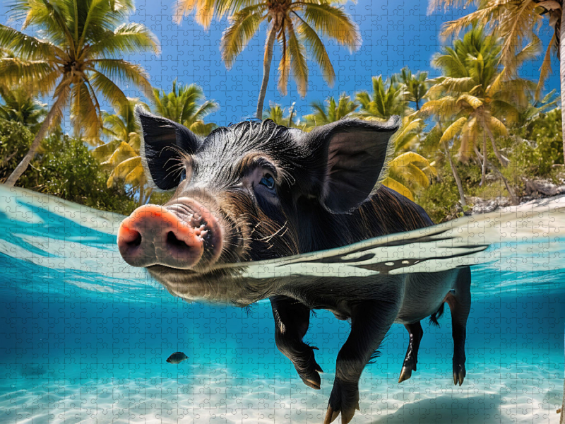 Schwarzes Schwein schwimmt im türkisblauen Wasser der Karibik