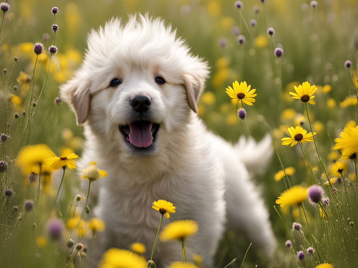 Hundewelpe beim Wiesenabenteuer