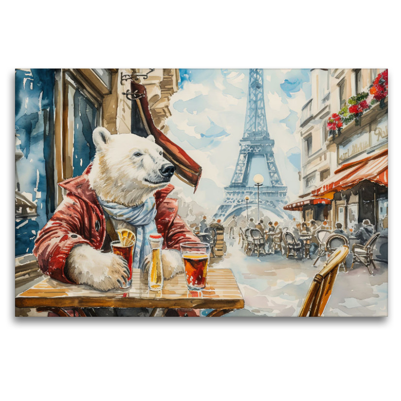 Eisbär Eik im Straßencafè in Paris in Frankreich