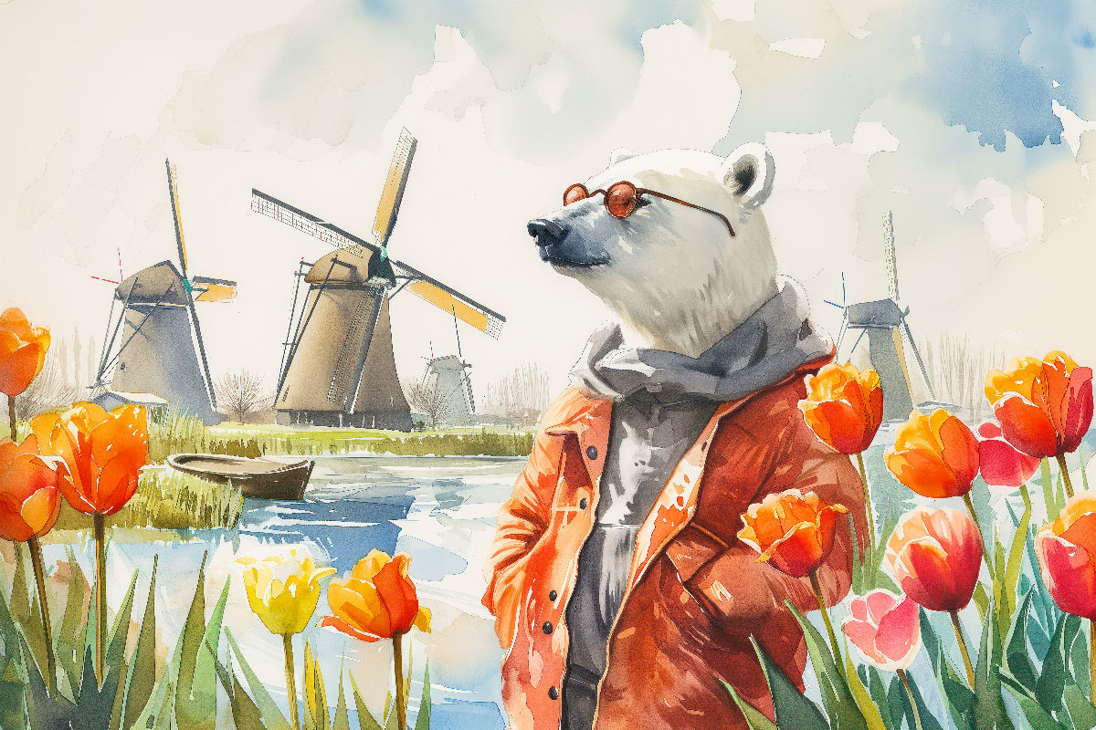 Eisbär Eik in Kinderdijk bei der Tulpenblüte in den Niederlanden