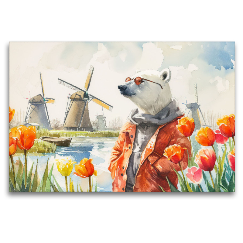 Eisbär Eik in Kinderdijk bei der Tulpenblüte in den Niederlanden