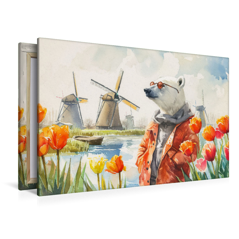 Eisbär Eik in Kinderdijk bei der Tulpenblüte in den Niederlanden