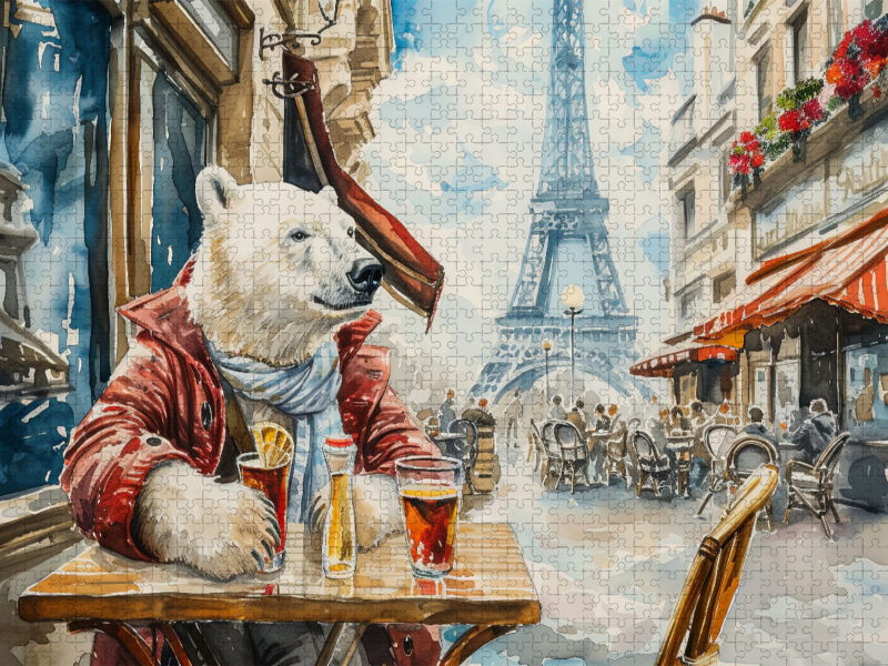 Eisbär Eik im Straßencafè in Paris in Frankreich