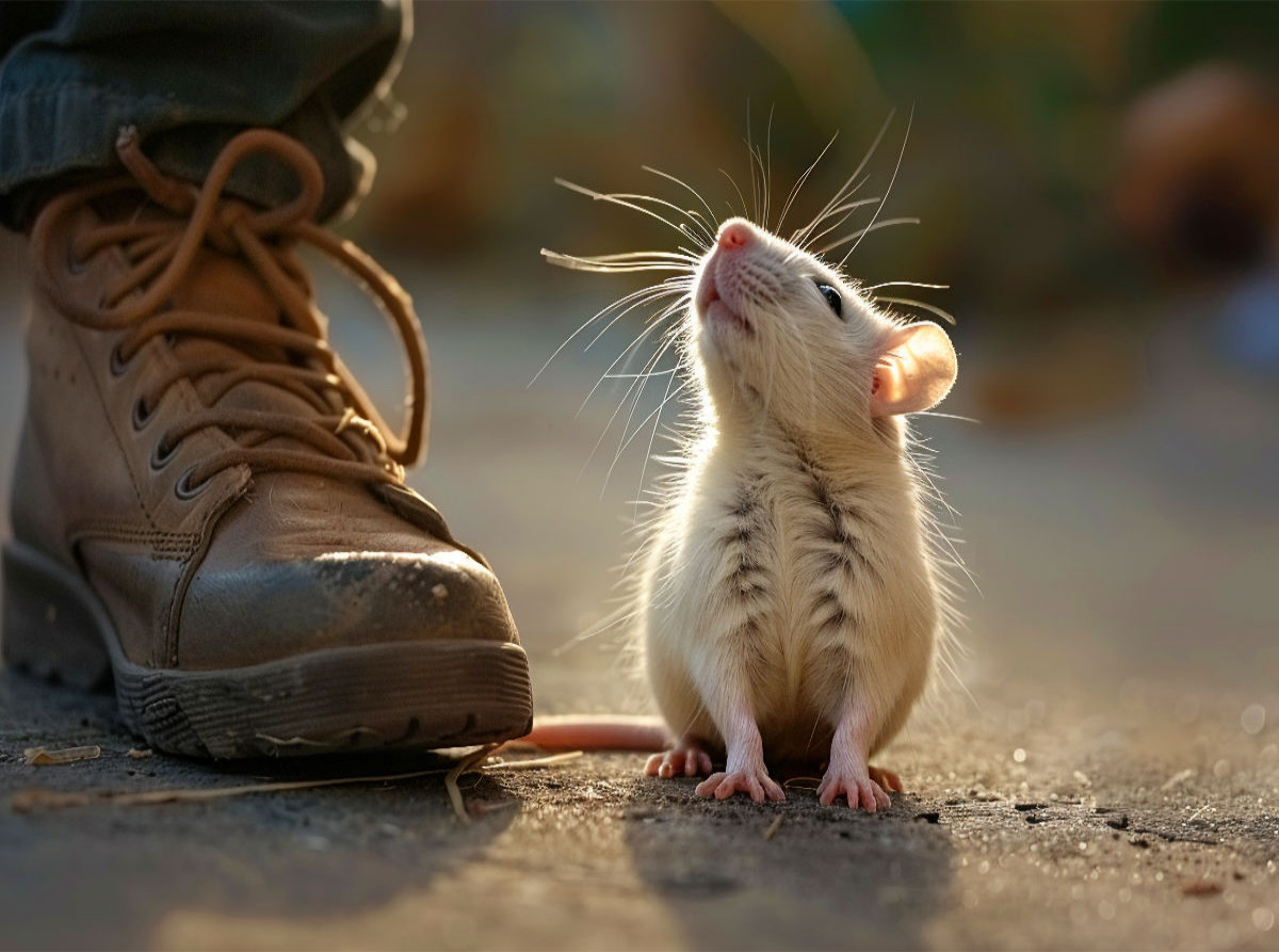 Niedliche Haustier Ratte schaut zu ihrem Menschen