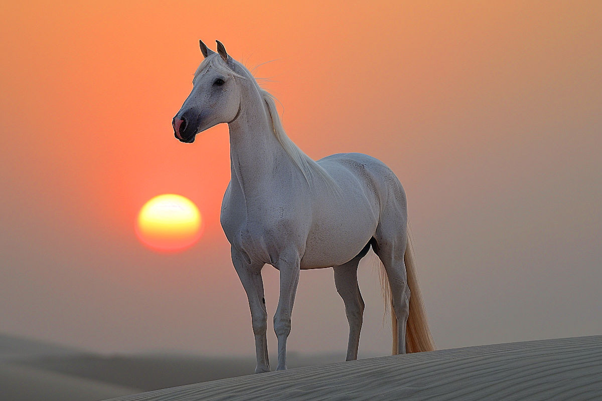 Weißes Pferd im Sonnenuntergang