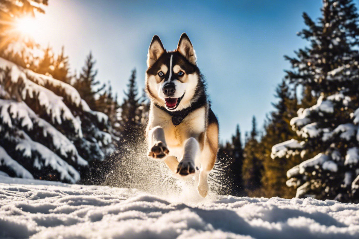 Husky mit wilden Sprüngen im Schnee